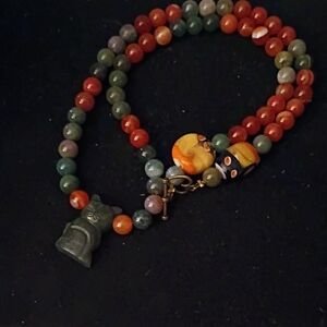 Multicolor Stone Bead Necklace with Jade Feline Pendant